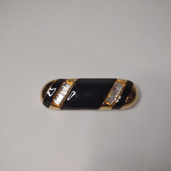 Black And Gold Tone Oval Brooch With Clear Rhinestones - Picture 4 of 14